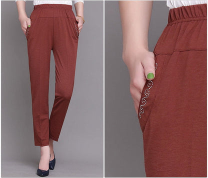 Solid Color Elastic Waist Ankle Pants with Pockets