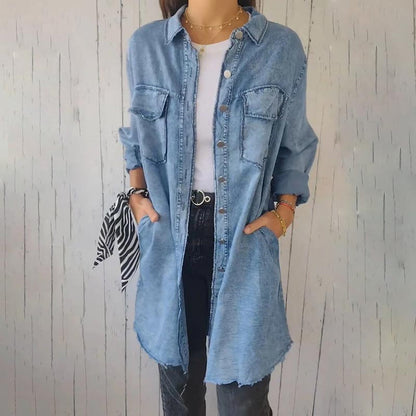 🔥2024 Women’s Faux Denim Comfortable Lapel Coat Shirt (Buy 2 Free Shipping)