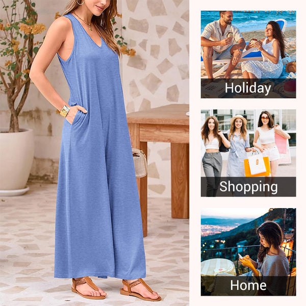 Women's Casual V-Neck Sleeveless Wide-Leg Jumpsuit