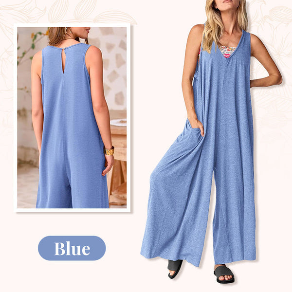 Women's Casual V-Neck Sleeveless Wide-Leg Jumpsuit