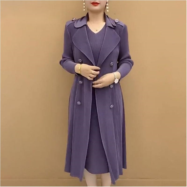 Fashionable Pleated Suit Collar Fake Two-piece Trench Coat