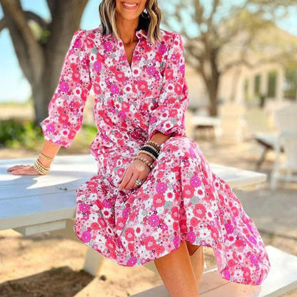 Women's Long Sleeve V Neck Bohemian Midi Dress