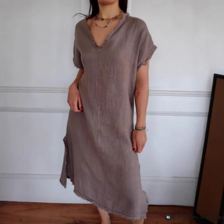 ✨2025 New Casual Cotton Linen V-Neck Tassel Slit Dress✨