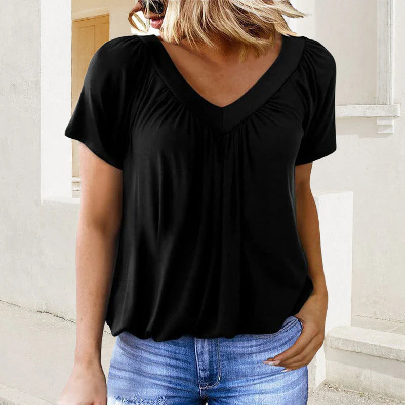 Women's Casual Pleated V-Neck Short-Sleeve Top (Buy 3 Free Shipping)