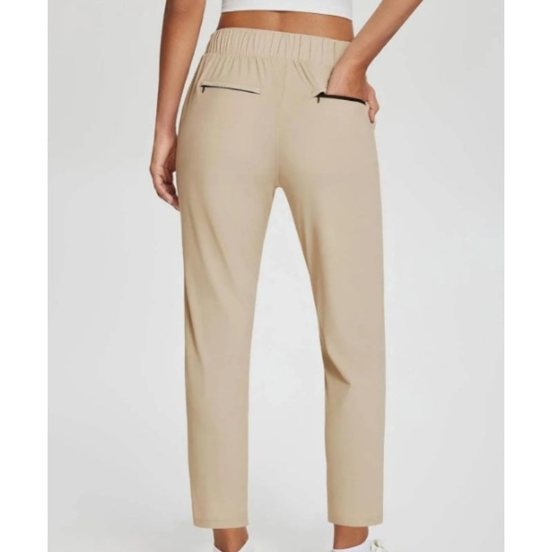 Women's High-Waisted Elastic Pants with Zipper Pockets