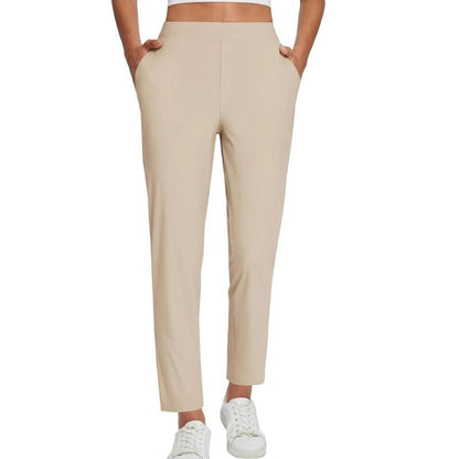 Women's High-Waisted Elastic Pants with Zipper Pockets