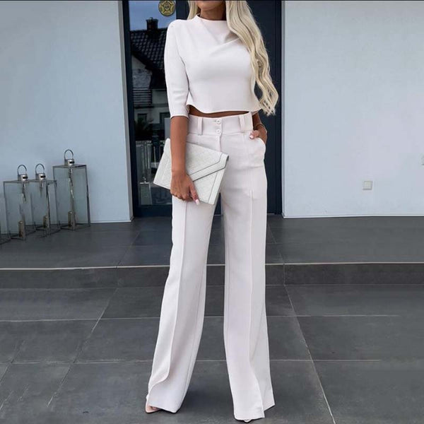💖LAST DAY SALE 50% OFF!!✨Women's Wide-Leg Commuter Pants with Double Button Front & Elegant Crop Top Set