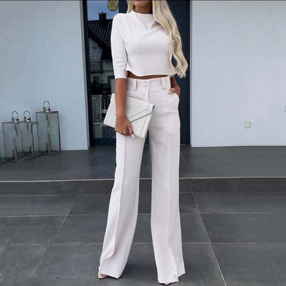 💖LAST DAY SALE 50% OFF!!✨Women's Wide-Leg Commuter Pants with Double Button Front & Elegant Crop Top Set