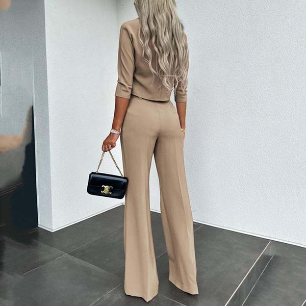 💖LAST DAY SALE 50% OFF!!✨Women's Wide-Leg Commuter Pants with Double Button Front & Elegant Crop Top Set
