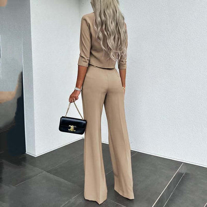💖LAST DAY SALE 50% OFF!!✨Women's Wide-Leg Commuter Pants with Double Button Front & Elegant Crop Top Set