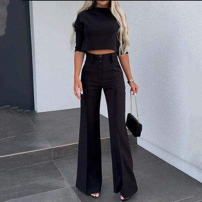 💖LAST DAY SALE 50% OFF!!✨Women's Wide-Leg Commuter Pants with Double Button Front & Elegant Crop Top Set