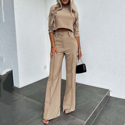 💖LAST DAY SALE 50% OFF!!✨Women's Wide-Leg Commuter Pants with Double Button Front & Elegant Crop Top Set