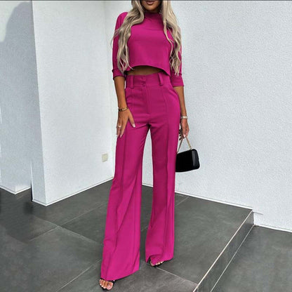💖LAST DAY SALE 50% OFF!!✨Women's Wide-Leg Commuter Pants with Double Button Front & Elegant Crop Top Set