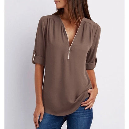 Blouse Ample Zippée à Manches 3/4 de Grande Taille