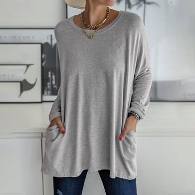 🔥VENTA CALIENTE-48% DE DESCUENTO-Camiseta lisa con cuello redondo y manga larga con bolsillo