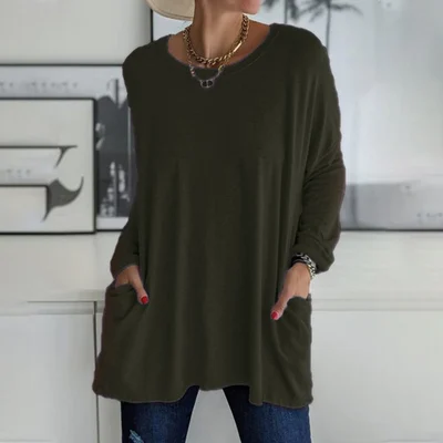 🔥HOT SALE-48% OFF-Round Neck Long Sleeve Pocket Solid T-Shirt