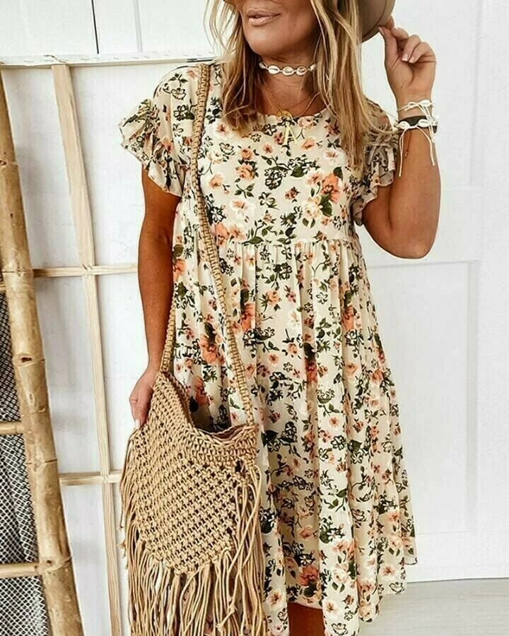 Vestido suelto floral de manga corta con cuello redondo