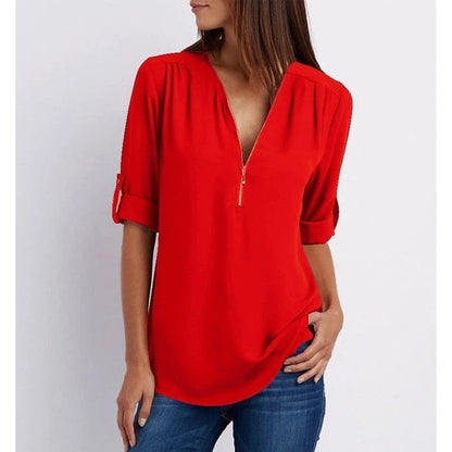 Blouse Ample Zippée à Manches 3/4 de Grande Taille