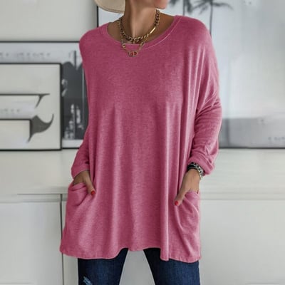 🔥VENTA CALIENTE-48% DE DESCUENTO-Camiseta lisa con cuello redondo y manga larga con bolsillo