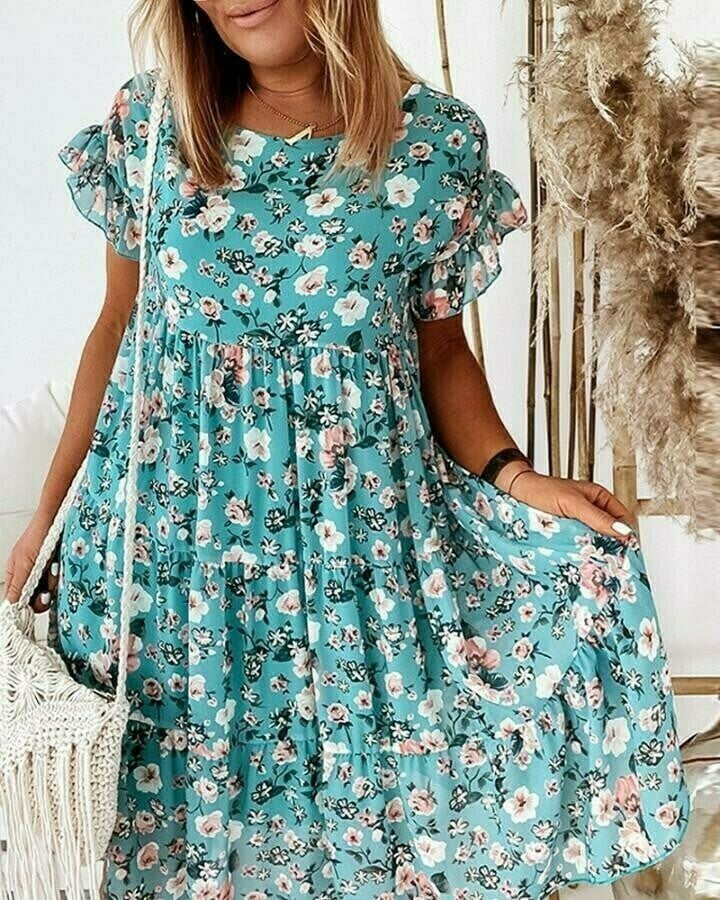 Vestido suelto floral de manga corta con cuello redondo