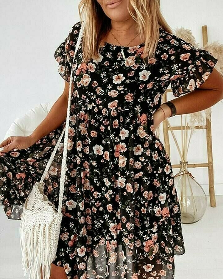 Vestido suelto floral de manga corta con cuello redondo