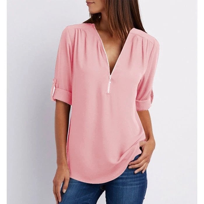 Blouse Ample Zippée à Manches 3/4 de Grande Taille