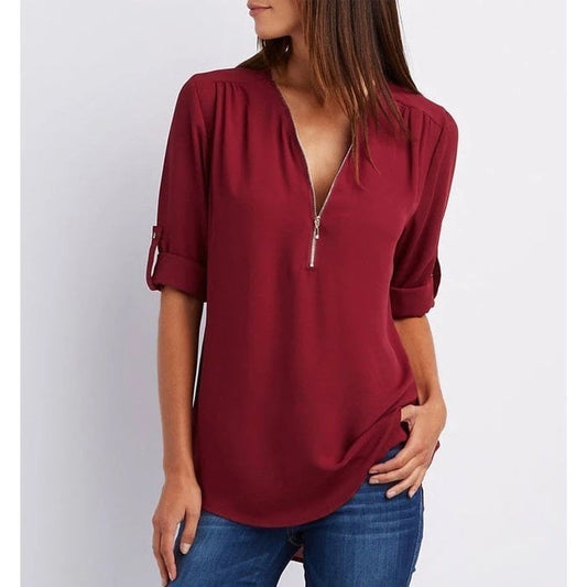 Blouse Ample Zippée à Manches 3/4 de Grande Taille