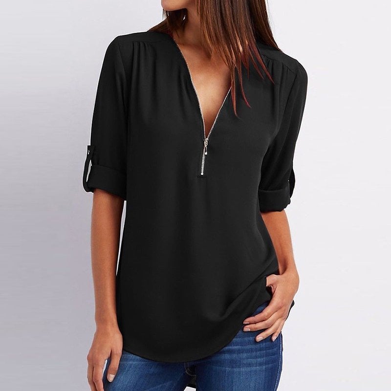 Blouse Ample Zippée à Manches 3/4 de Grande Taille