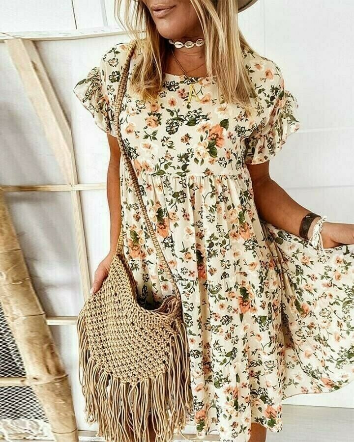 Vestido suelto floral de manga corta con cuello redondo