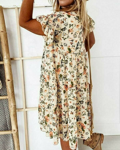 Vestido suelto floral de manga corta con cuello redondo