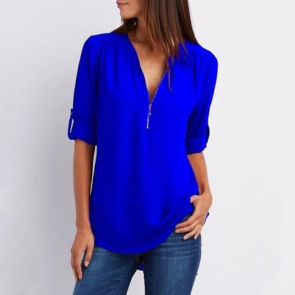 Blouse Ample Zippée à Manches 3/4 de Grande Taille