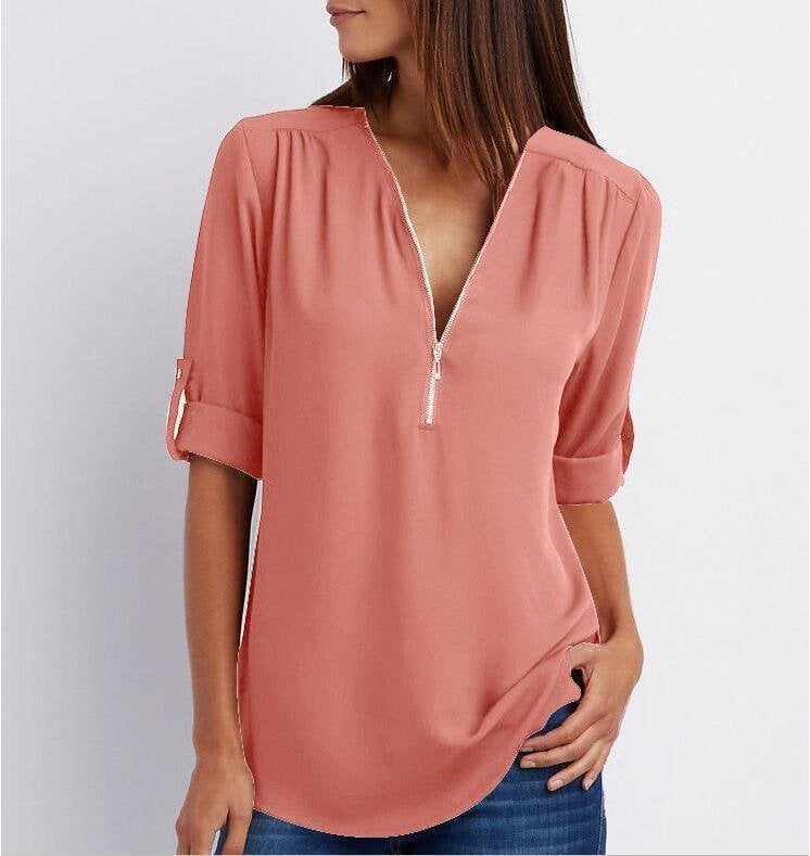 Plus Size Loose 3/4 Sleeve Zipper Blouse