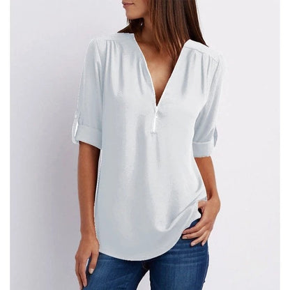 Blouse Ample Zippée à Manches 3/4 de Grande Taille