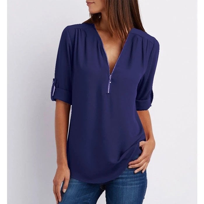 Blouse Ample Zippée à Manches 3/4 de Grande Taille