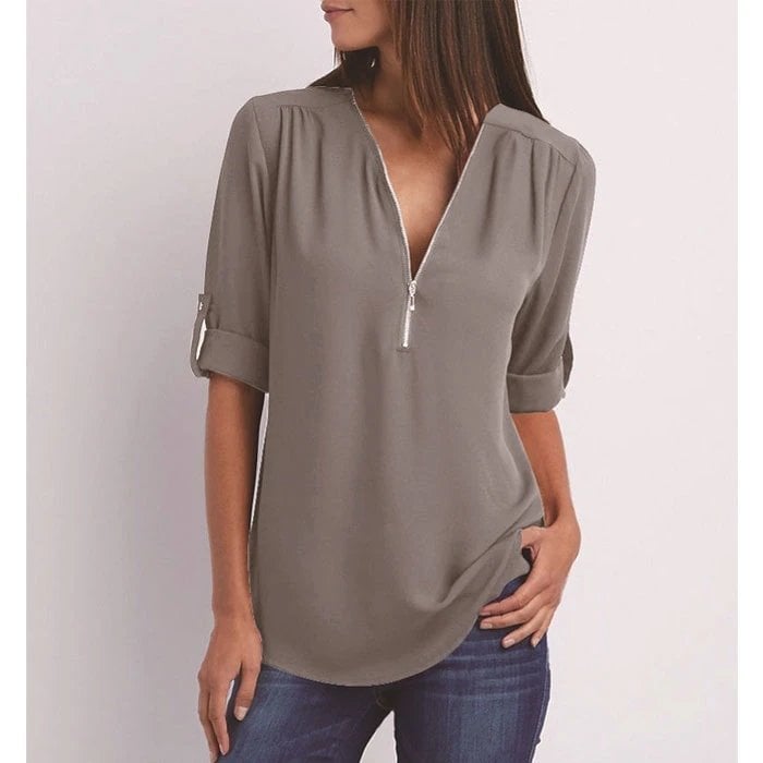 Plus Size Loose 3/4 Sleeve Zipper Blouse