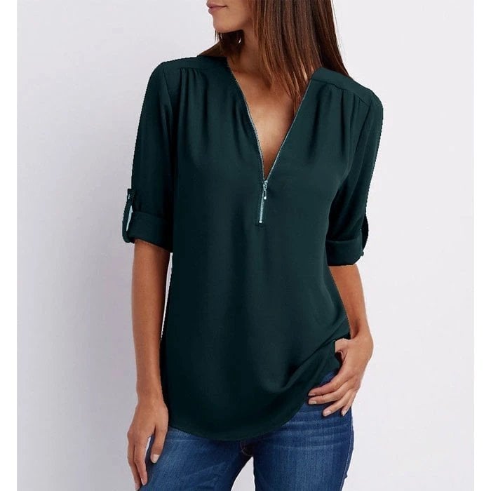 Blouse Ample Zippée à Manches 3/4 de Grande Taille