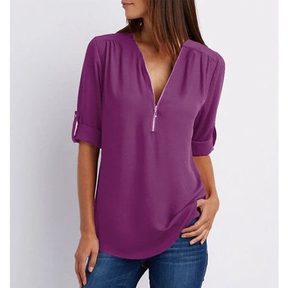 Blouse Ample Zippée à Manches 3/4 de Grande Taille