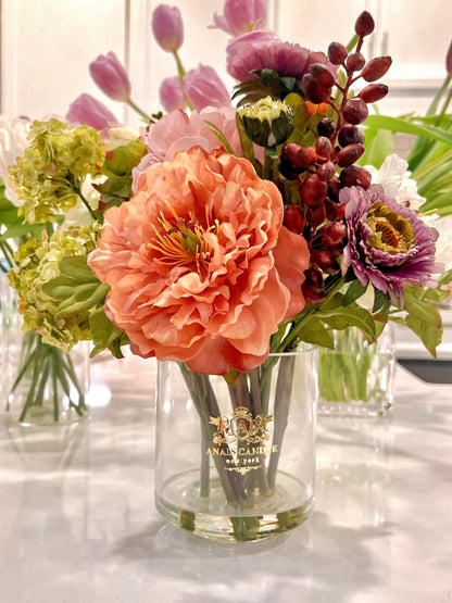 Arrangement de fleurs artificielles d'été avec vase transparent 