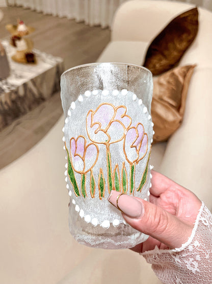 Summer Floral Glass Cup - Hand Painted